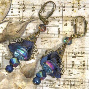 Dark Blue Bronze Hand Painted Lucite Flower Earrings, Crystal, Filigree